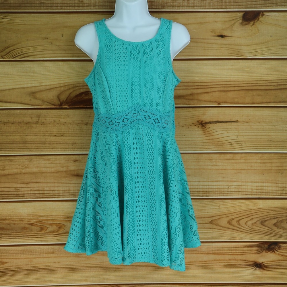 Charlotte Russe Fit & Flare Dress Womens Sz M Blue Geometric Overlay Sleeveless